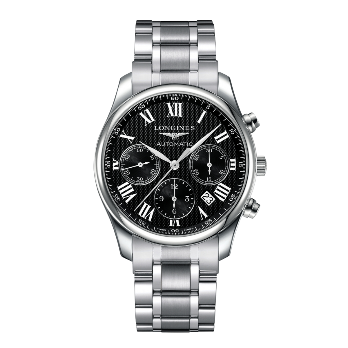 Longines Master Collection 44mm men’s automatic chronograph watch with black dial and steel bracelet