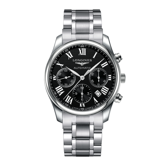 Longines Master Collection 44mm men’s automatic chronograph watch with black dial and steel bracelet