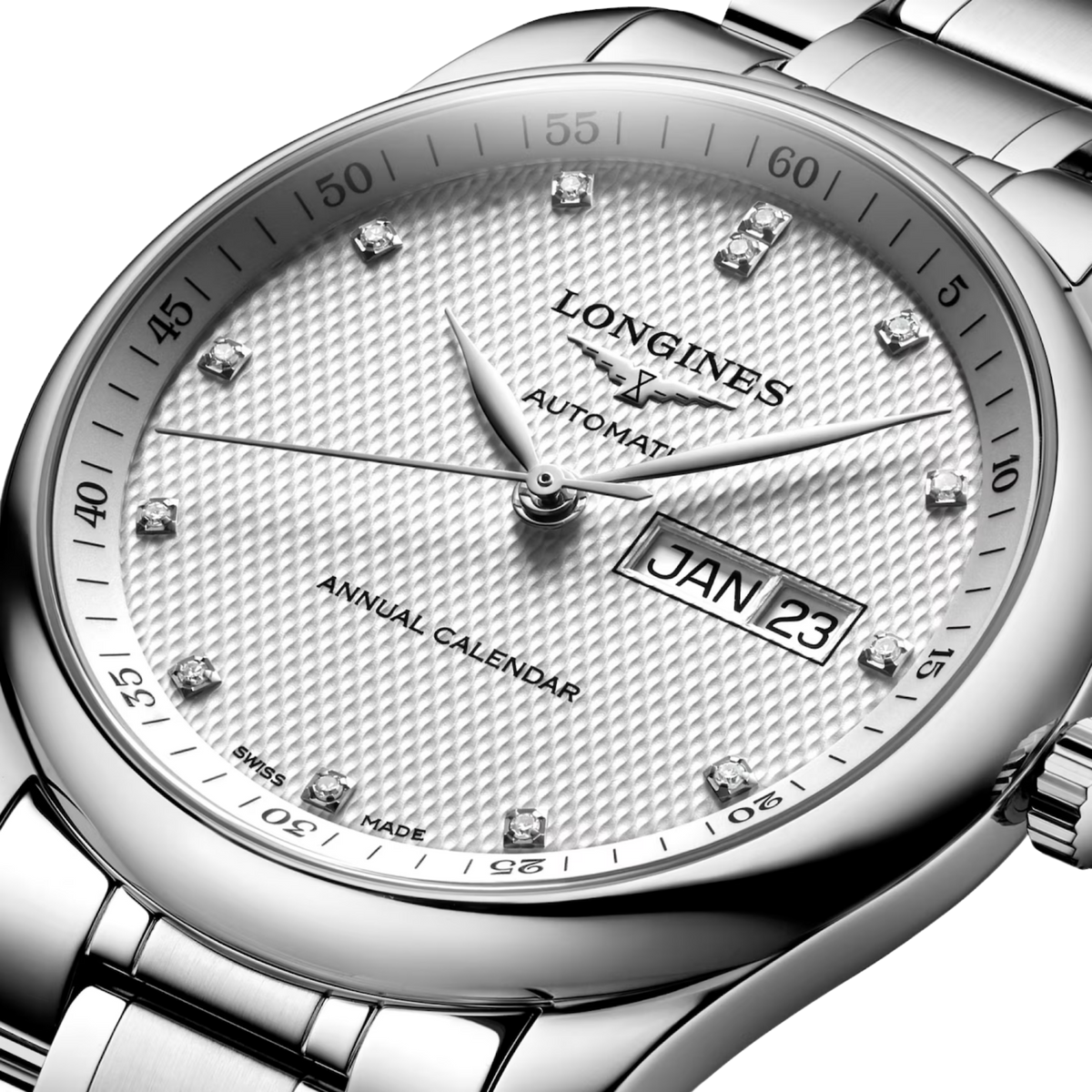 Longines Master Collection men’s watch with textured silver dial, date display and stainless steel case