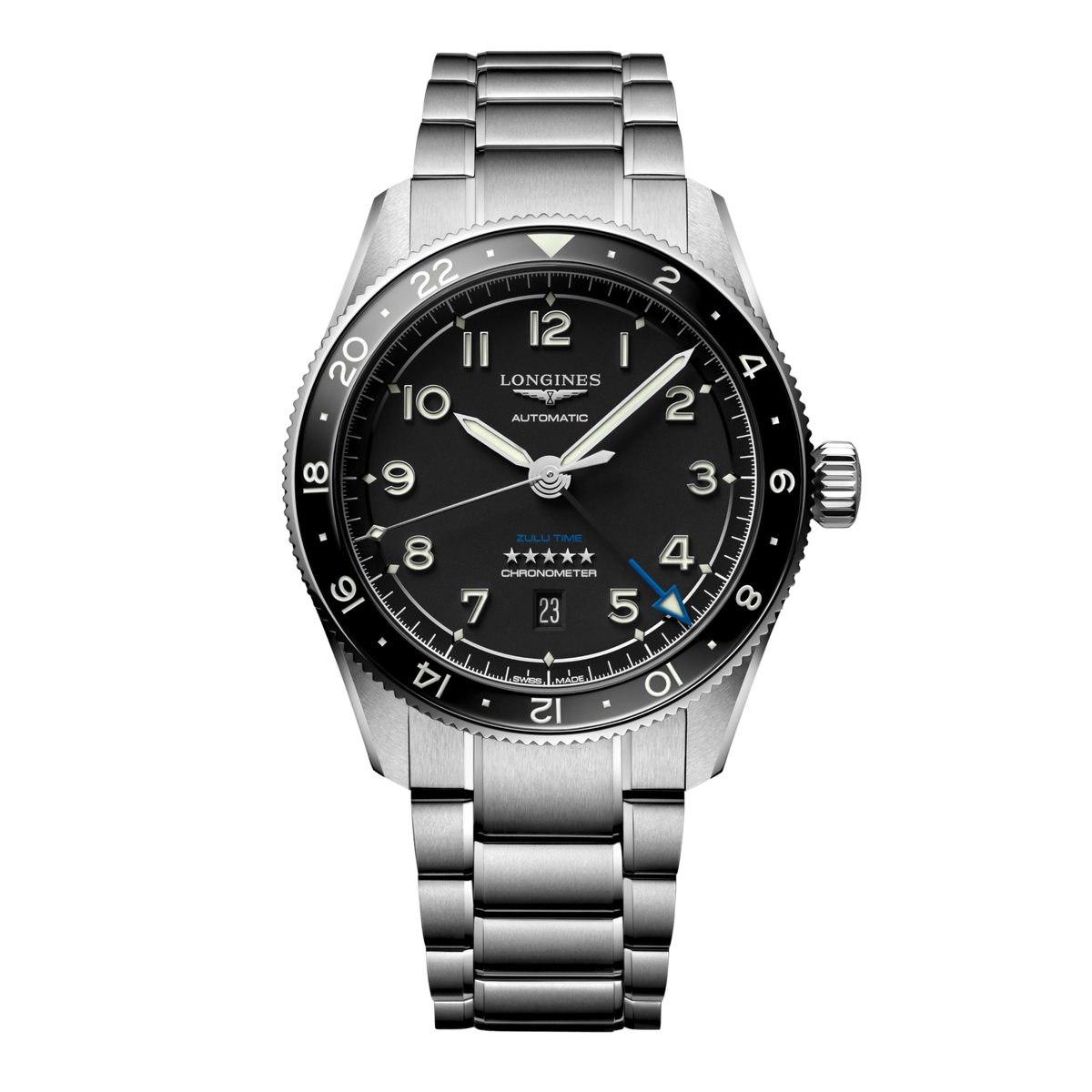 front view of Longines Spirit Zulu Time black dial GMT chronometer watch with stainless steel bracelet and black ceramic bezel