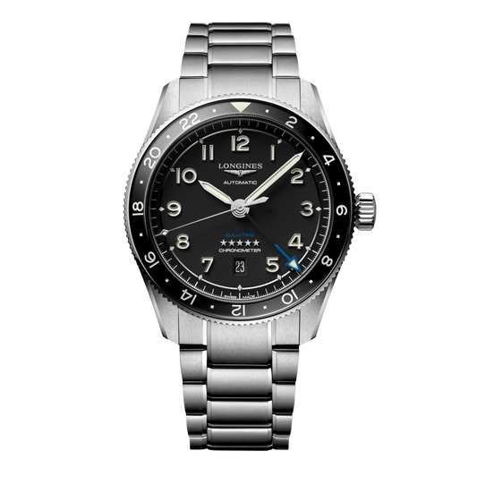 front view of Longines Spirit Zulu Time black dial GMT chronometer watch with stainless steel bracelet and black ceramic bezel