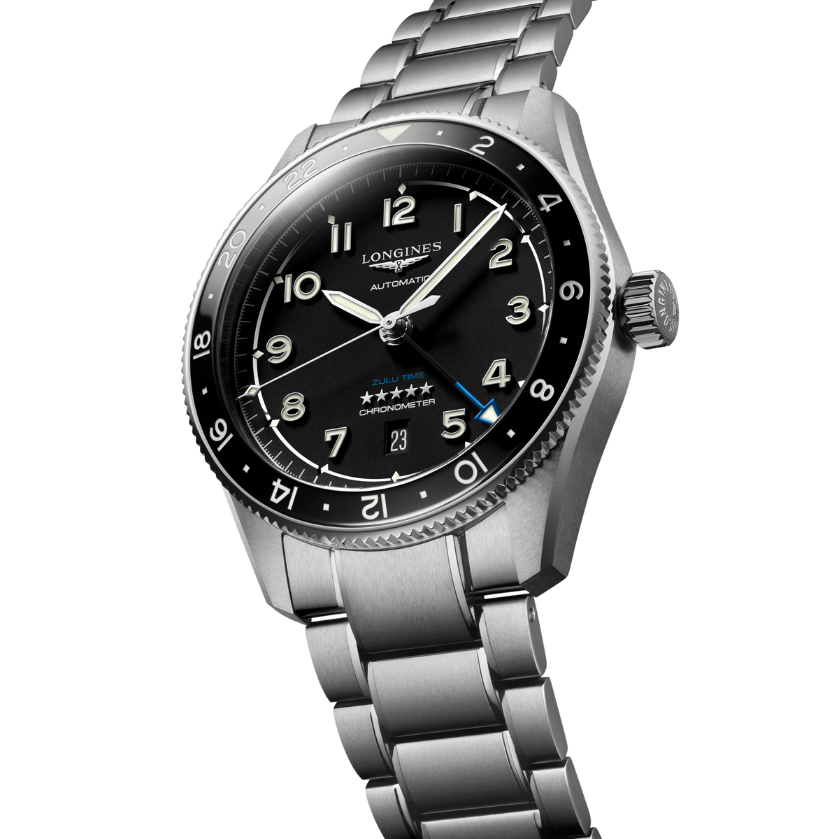 side view of Longines GMT watch case, crown and brushed stainless steel profile
