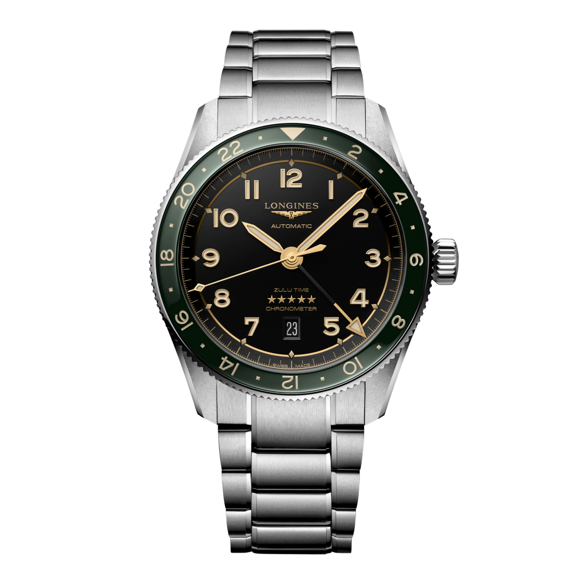 front view of Longines Spirit Zulu Time black dial GMT chronometer watch with green ceramic bezel and stainless steel bracelet