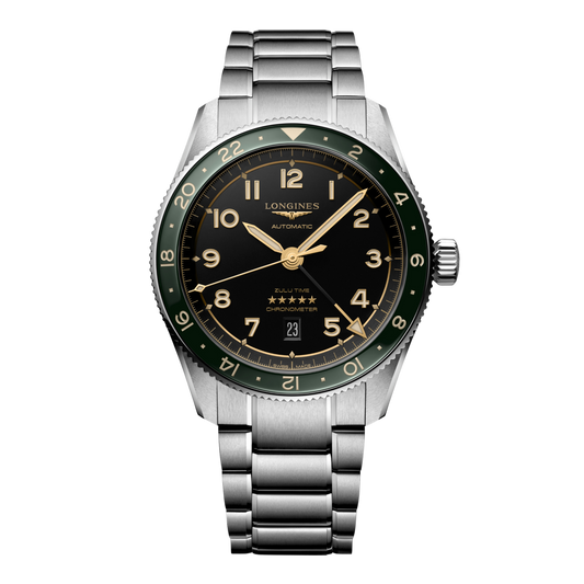 front view of Longines Spirit Zulu Time black dial GMT chronometer watch with green ceramic bezel and stainless steel bracelet