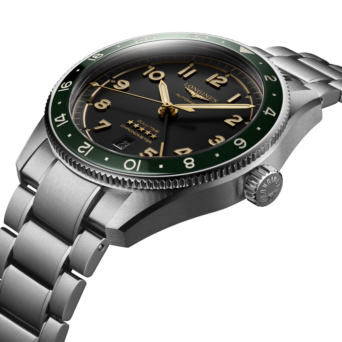 side view of Longines GMT watch case, crown and brushed stainless steel profile with green bezel detail
