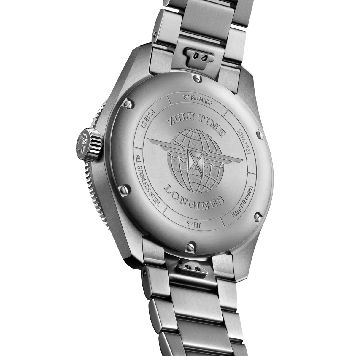back of Longines Spirit Zulu Time automatic watch and stainless steel bracelet with clasp detail
