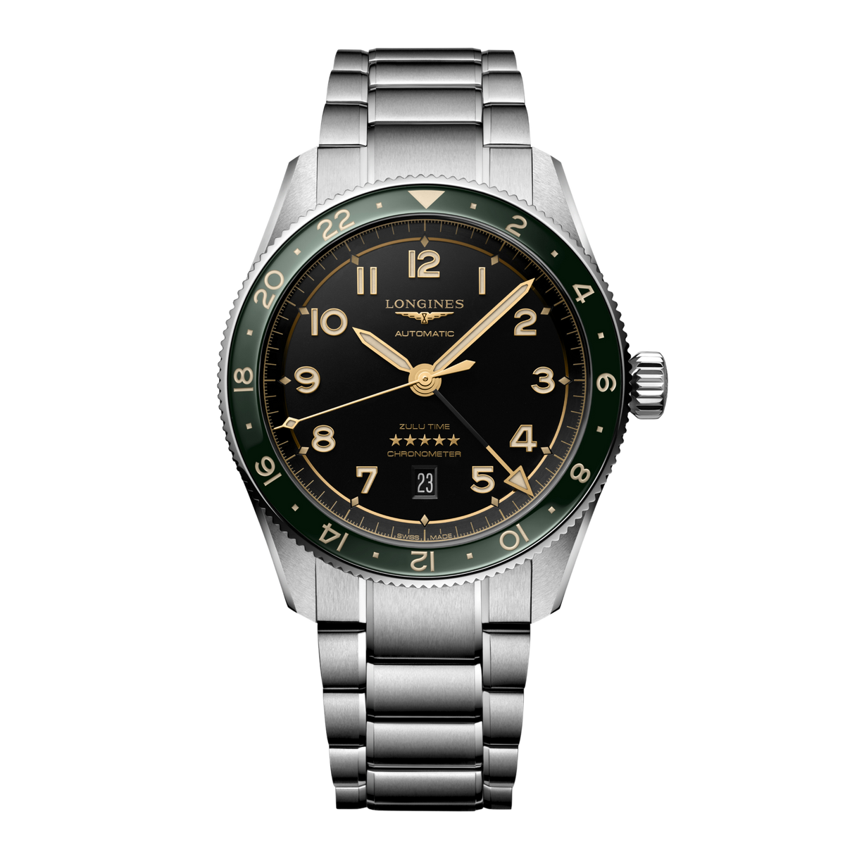 front view of Longines Spirit Zulu Time black dial GMT chronometer watch with green ceramic bezel and stainless steel bracelet
