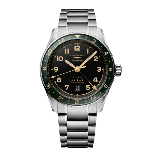 front view of Longines Spirit Zulu Time black dial GMT chronometer watch with green ceramic bezel and stainless steel bracelet