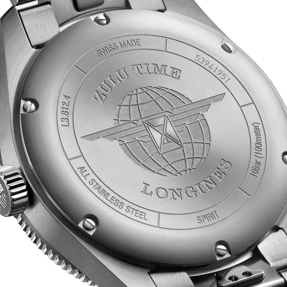 back of Longines Spirit Zulu Time automatic watch and stainless steel bracelet with clasp detail
