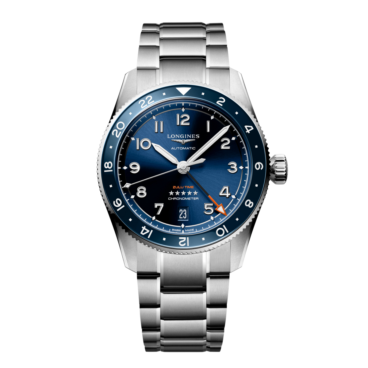 front view of Longines Spirit Zulu Time blue dial GMT chronometer watch with stainless steel bracelet and blue ceramic bezel

