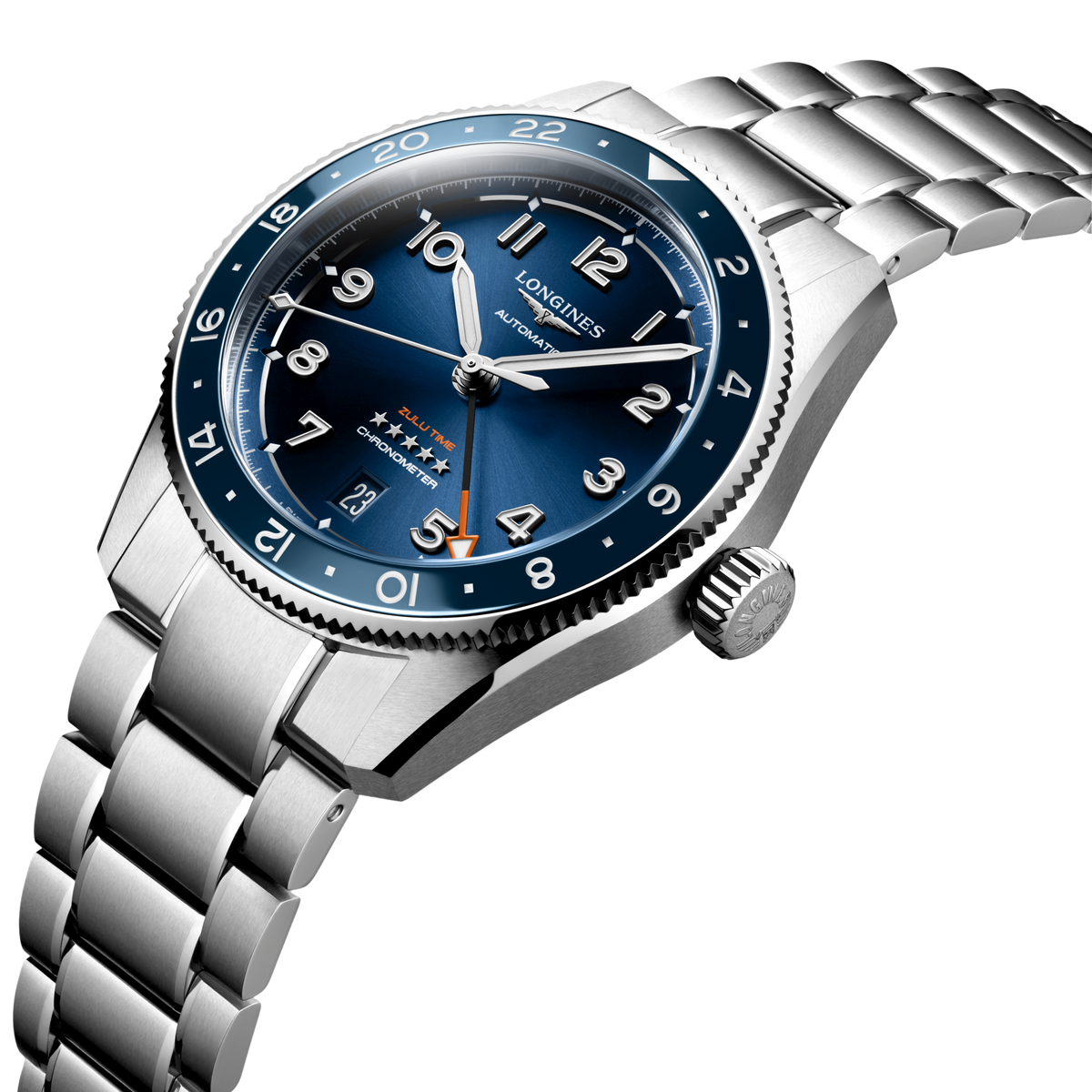side view of Longines GMT watch case, crown and brushed stainless steel profile with blue bezel detail
