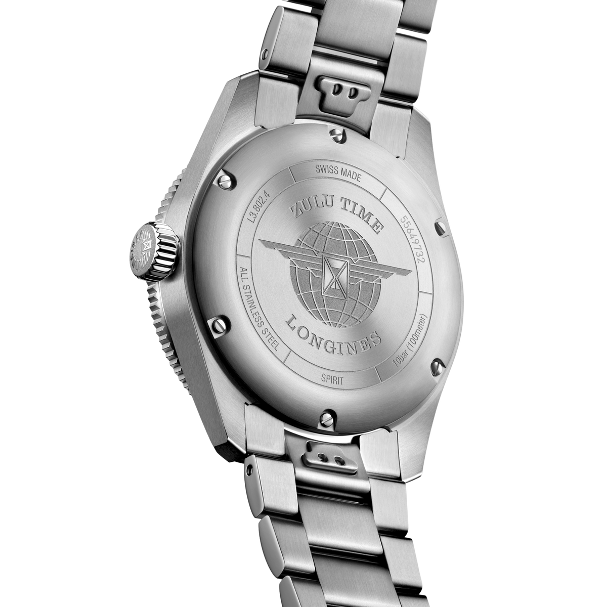 back of Longines Spirit Zulu Time automatic watch and stainless steel bracelet with clasp detail

