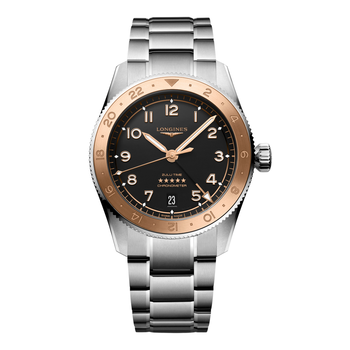 front view of Longines Spirit Zulu Time black dial GMT chronometer watch with rose gold-tone bezel and stainless steel bracelet
