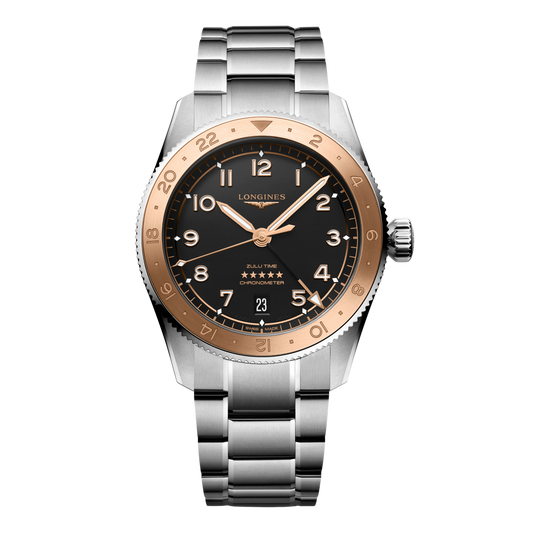 front view of Longines Spirit Zulu Time black dial GMT chronometer watch with rose gold-tone bezel and stainless steel bracelet
