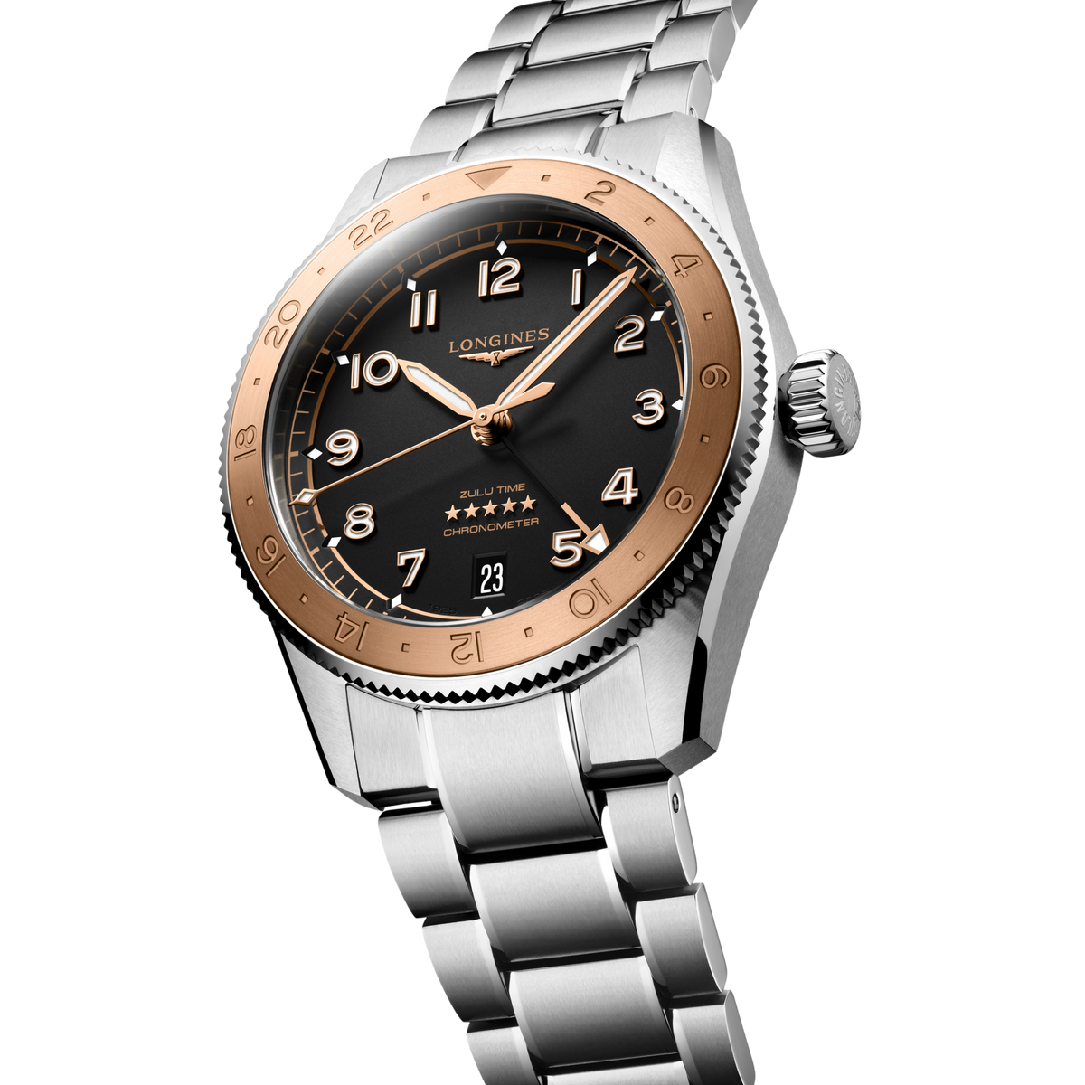 Silver and rose gold watch with black dial on a clear background
