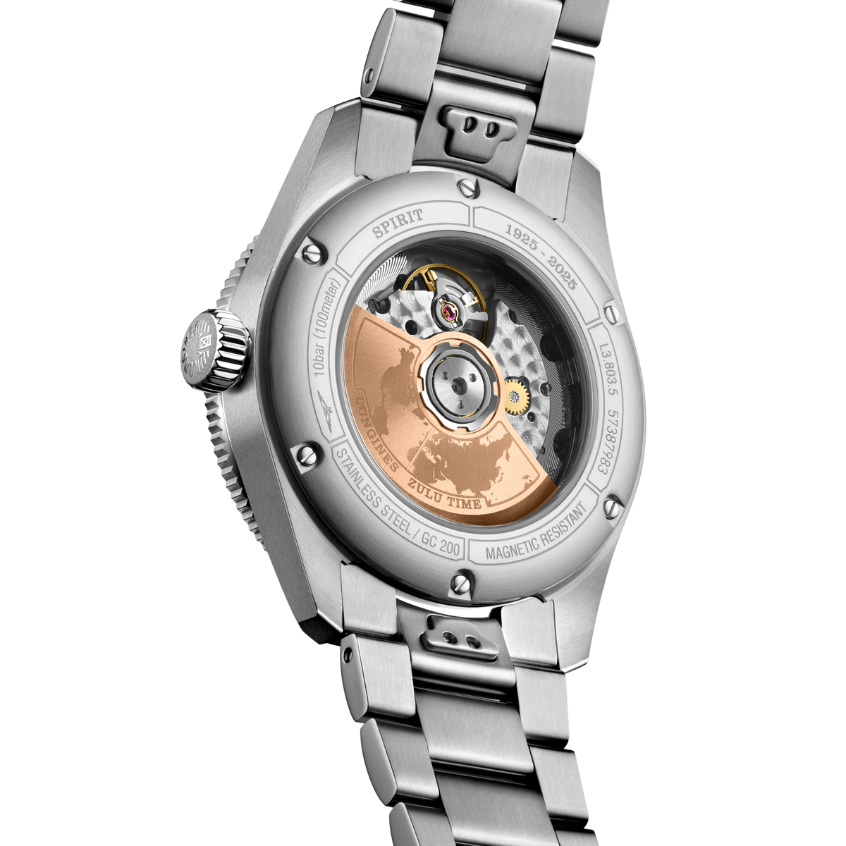 back of Longines Spirit Zulu Time automatic watch and stainless steel bracelet with clasp detail
