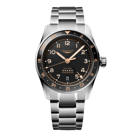front view of Longines Spirit Zulu Time black dial GMT chronometer watch with black ceramic bezel and stainless steel bracelet