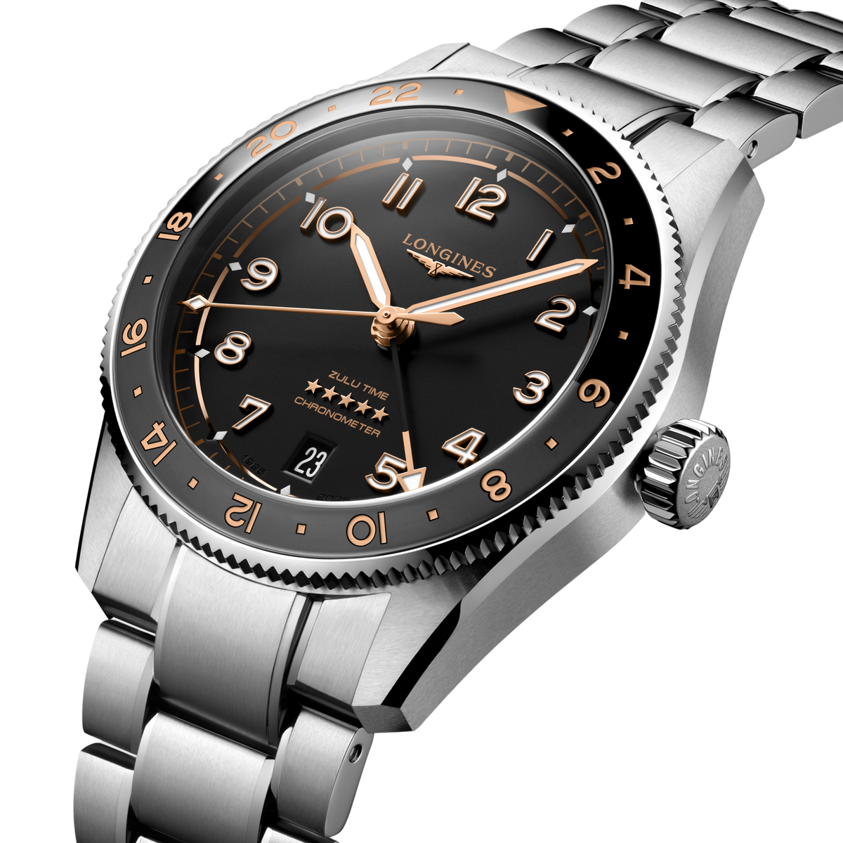 Silver watch with black dial and rose gold accents on a clear background