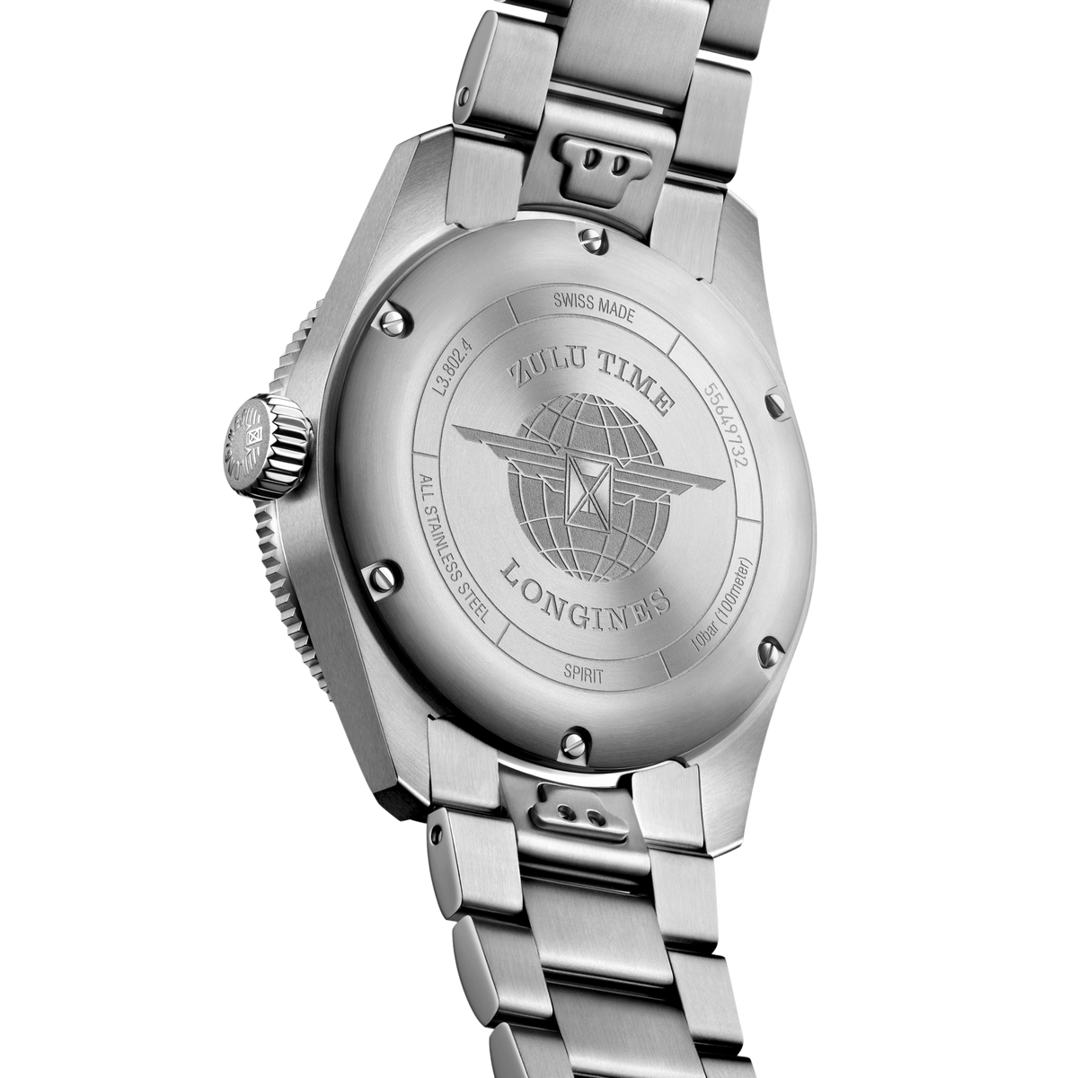 back of Longines Spirit Zulu Time automatic watch and stainless steel bracelet with clasp detail

