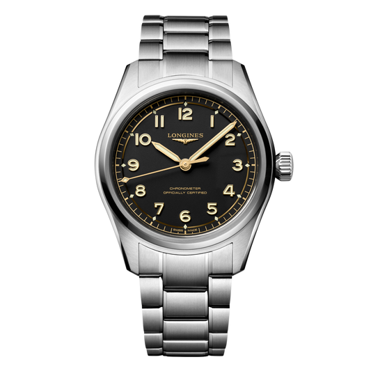 front view of Longines Spirit black dial chronometer watch with gilt-tone Arabic numerals and stainless steel bracelet