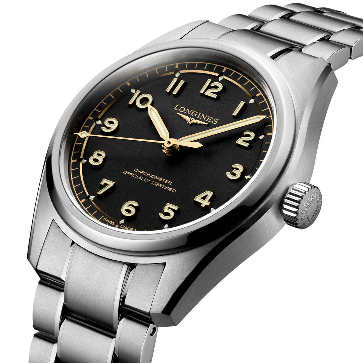 side view of Longines Spirit watch case, crown and brushed stainless steel profile
