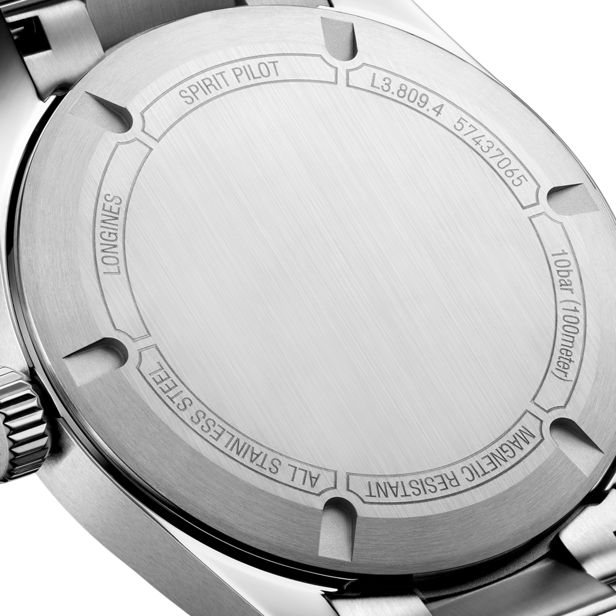 back of Longines automatic chronometer watch and stainless steel bracelet with clasp detail
