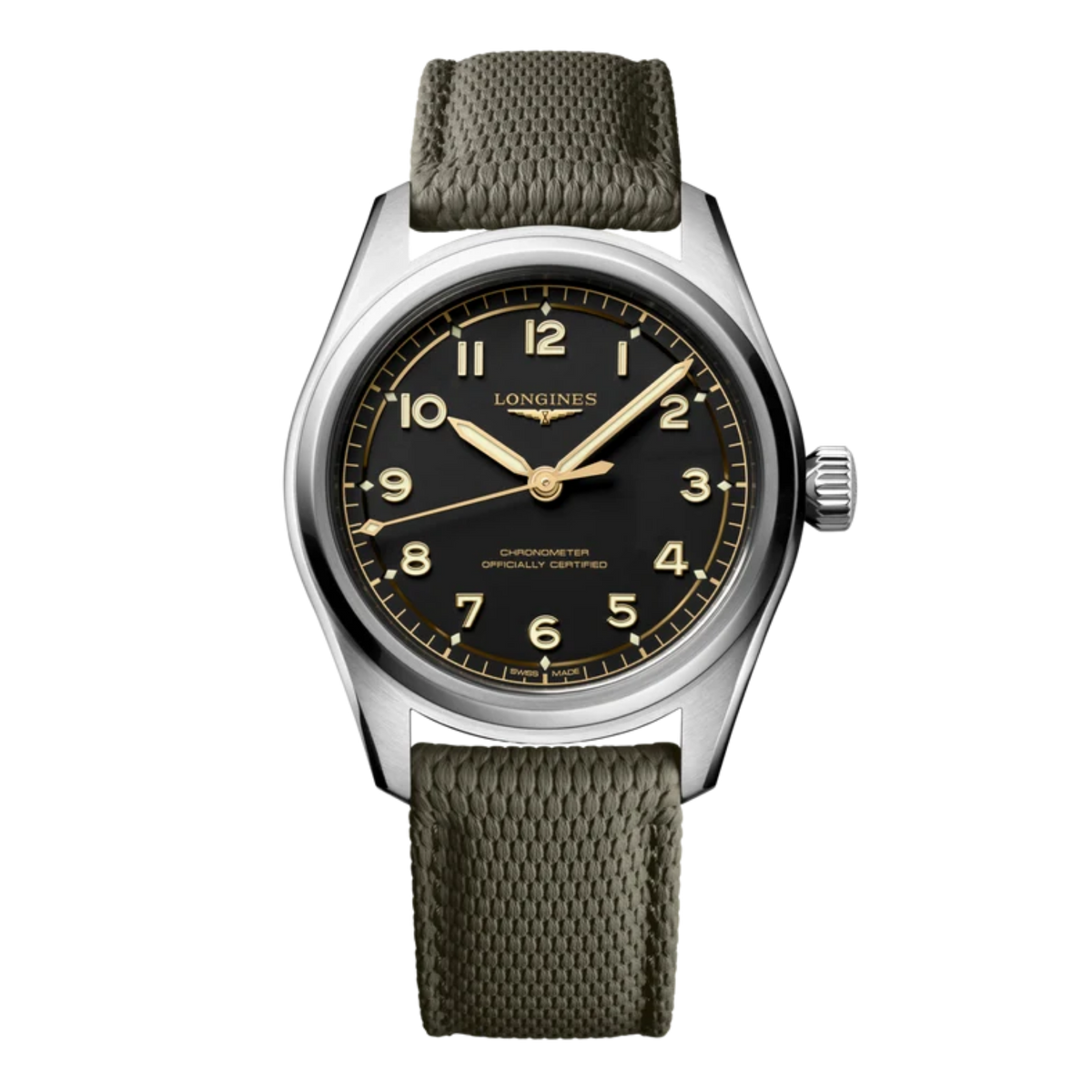Longines Spirit Pilot 42mm automatic watch with matte black dial, oversized Arabic numerals and classic brown leather strap.