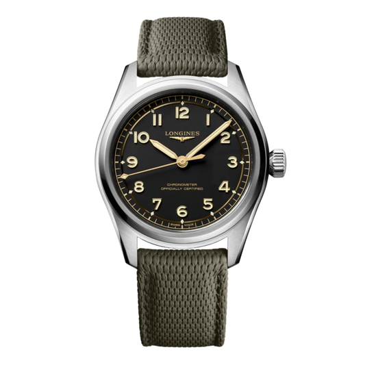 Longines Spirit Pilot 42mm automatic watch with matte black dial, oversized Arabic numerals and classic brown leather strap.