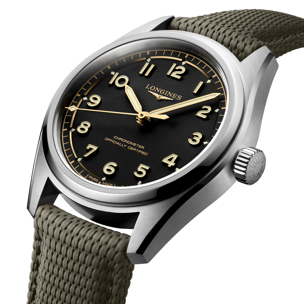 Longines Spirit Pilot black dial watch featuring a 42mm case, luminous hands, Arabic hour markers and brown leather strap.