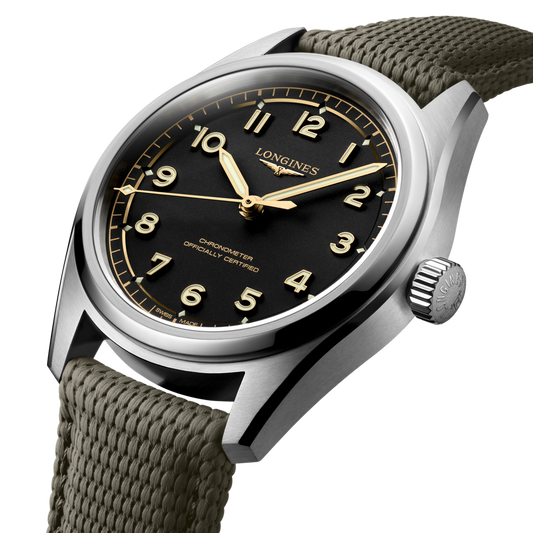 Longines Spirit Pilot black dial watch featuring a 42mm case, luminous hands, Arabic hour markers and brown leather strap.