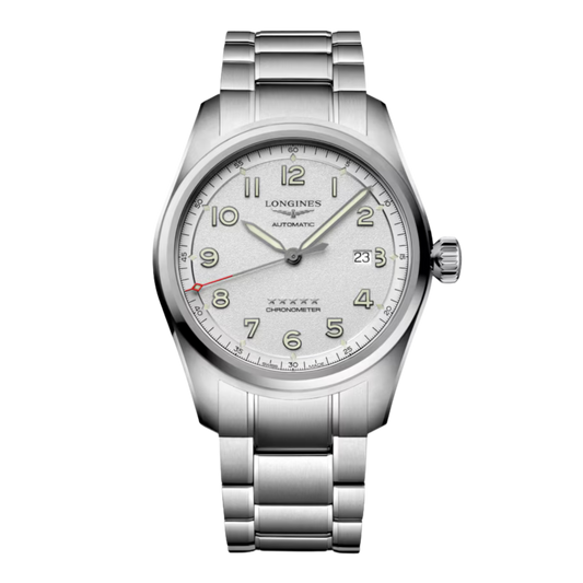 front view of Longines Spirit silver dial chronometer watch with stainless steel bracelet and Arabic numeral hour markers

