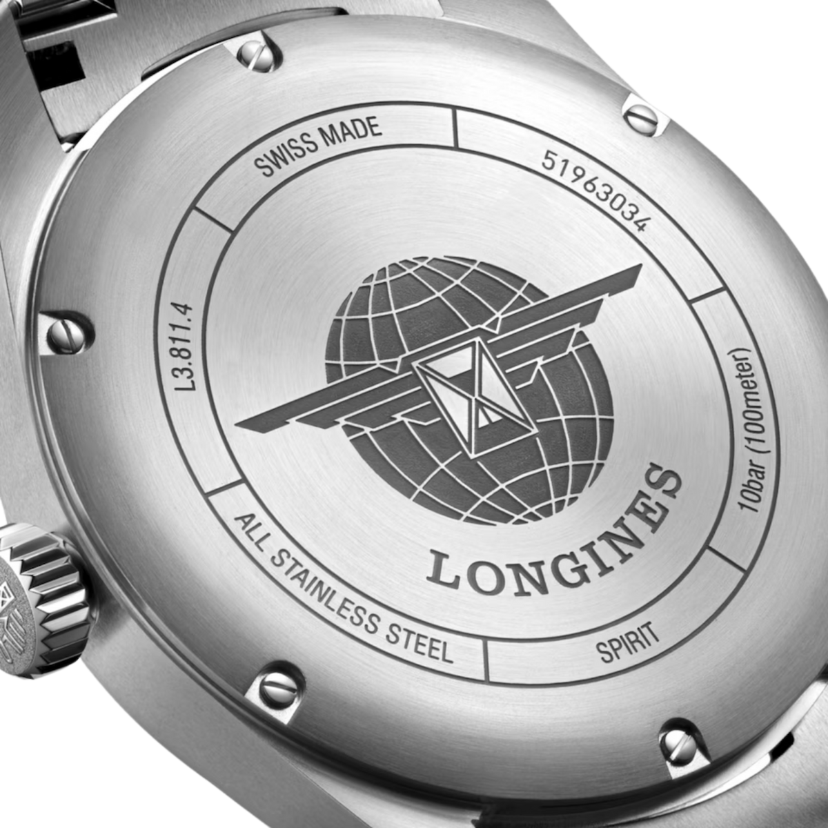 back of Longines automatic chronometer watch and stainless steel bracelet with clasp detail
