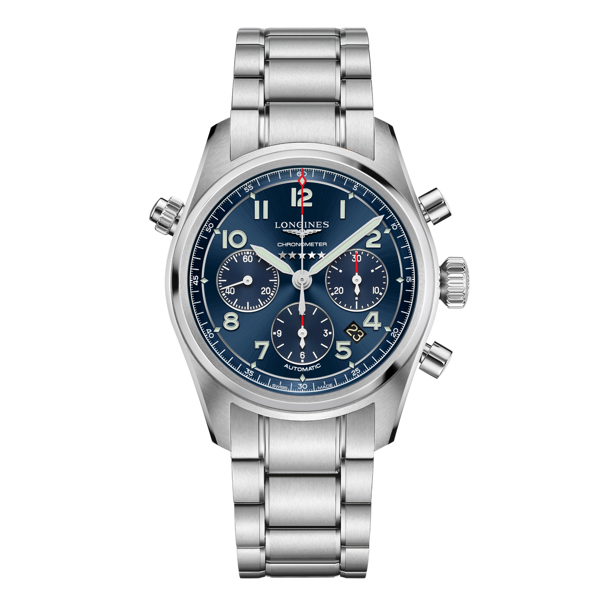front view of Longines Spirit blue dial chronograph watch with stainless steel bracelet and cream Arabic numeral hour markers
