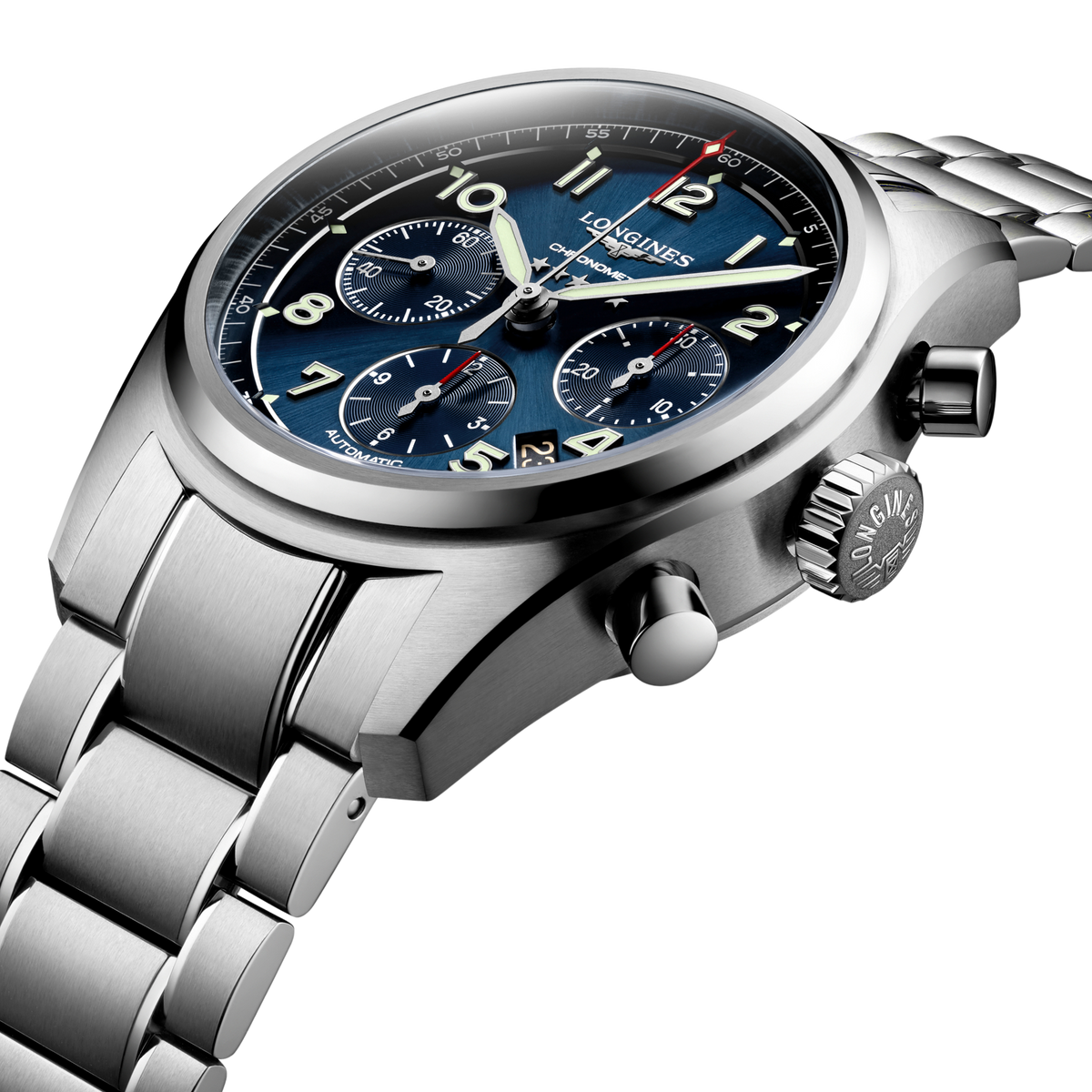 side view of Longines chronograph watch case, pushers and brushed stainless steel profile
