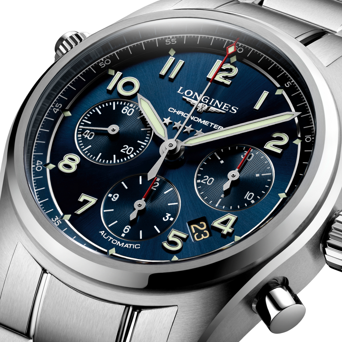 Longines watch with blue dial and silver case on a clear background