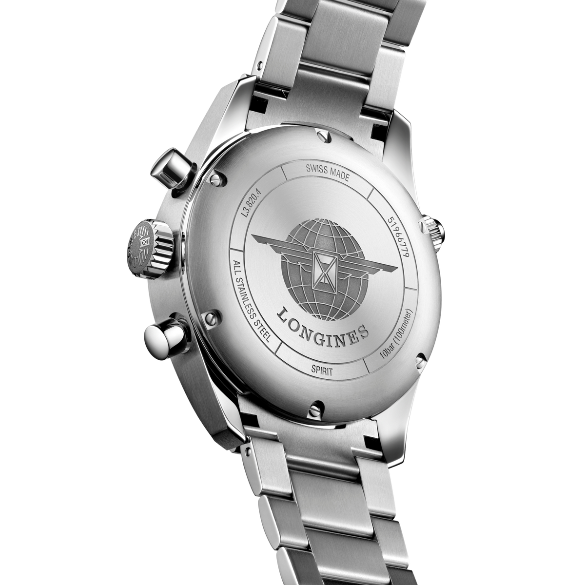 back of Longines automatic chronograph watch and stainless steel bracelet with clasp detail
