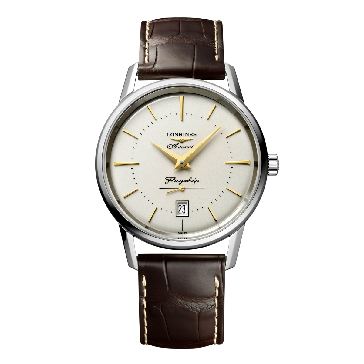 front view of Longines Flagship Heritage cream dial watch with gold tone hands and brown leather strap
