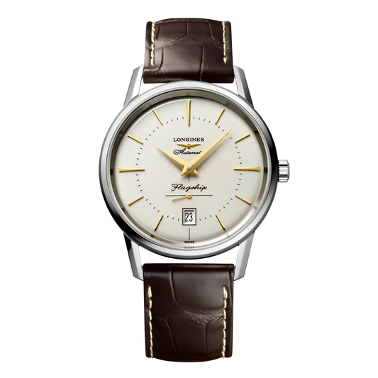 front view of Longines Flagship Heritage cream dial watch with gold tone hands and brown leather strap
