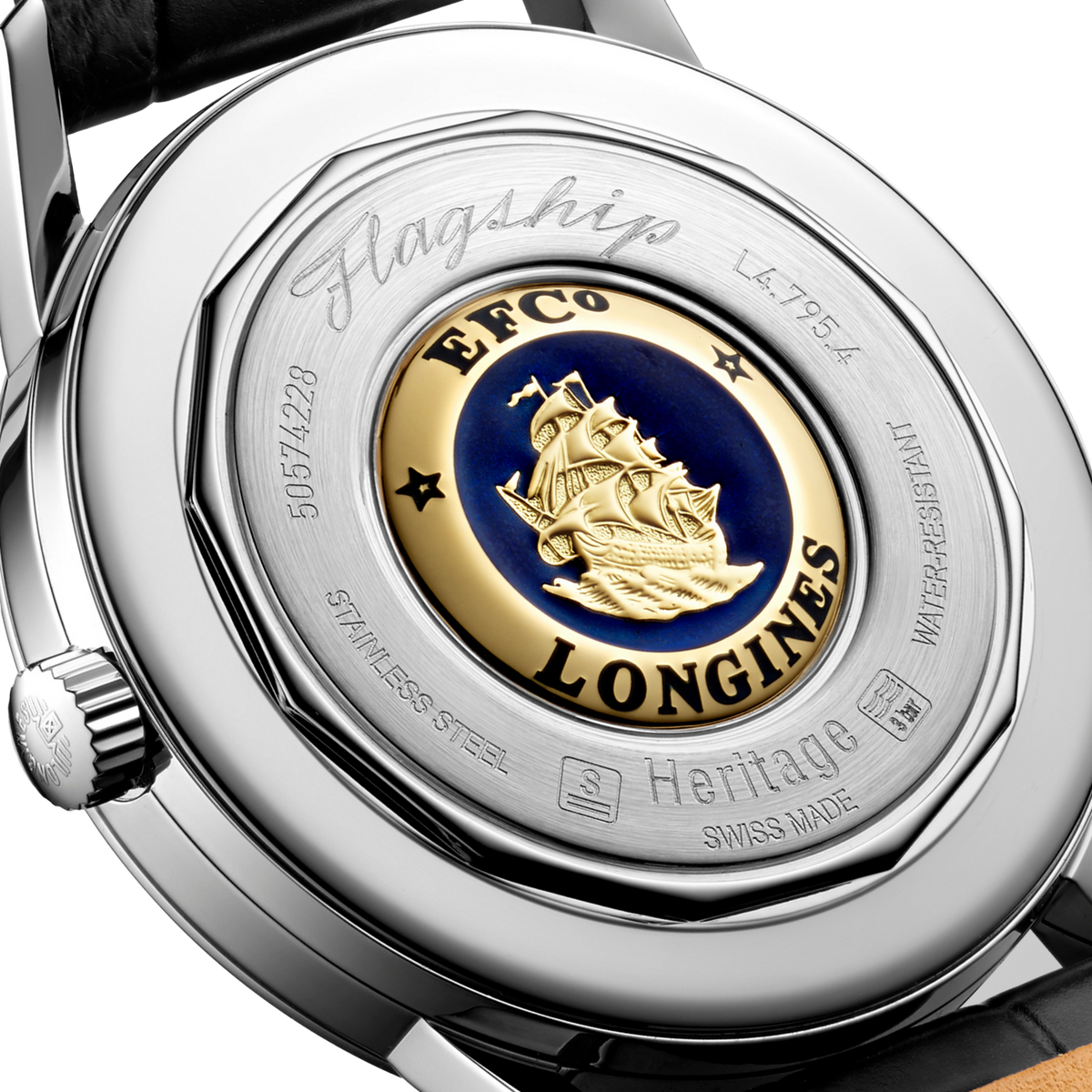 back of Longines Flagship Heritage watch showing the polished stainless steel case back and brown alligator style leather strap

