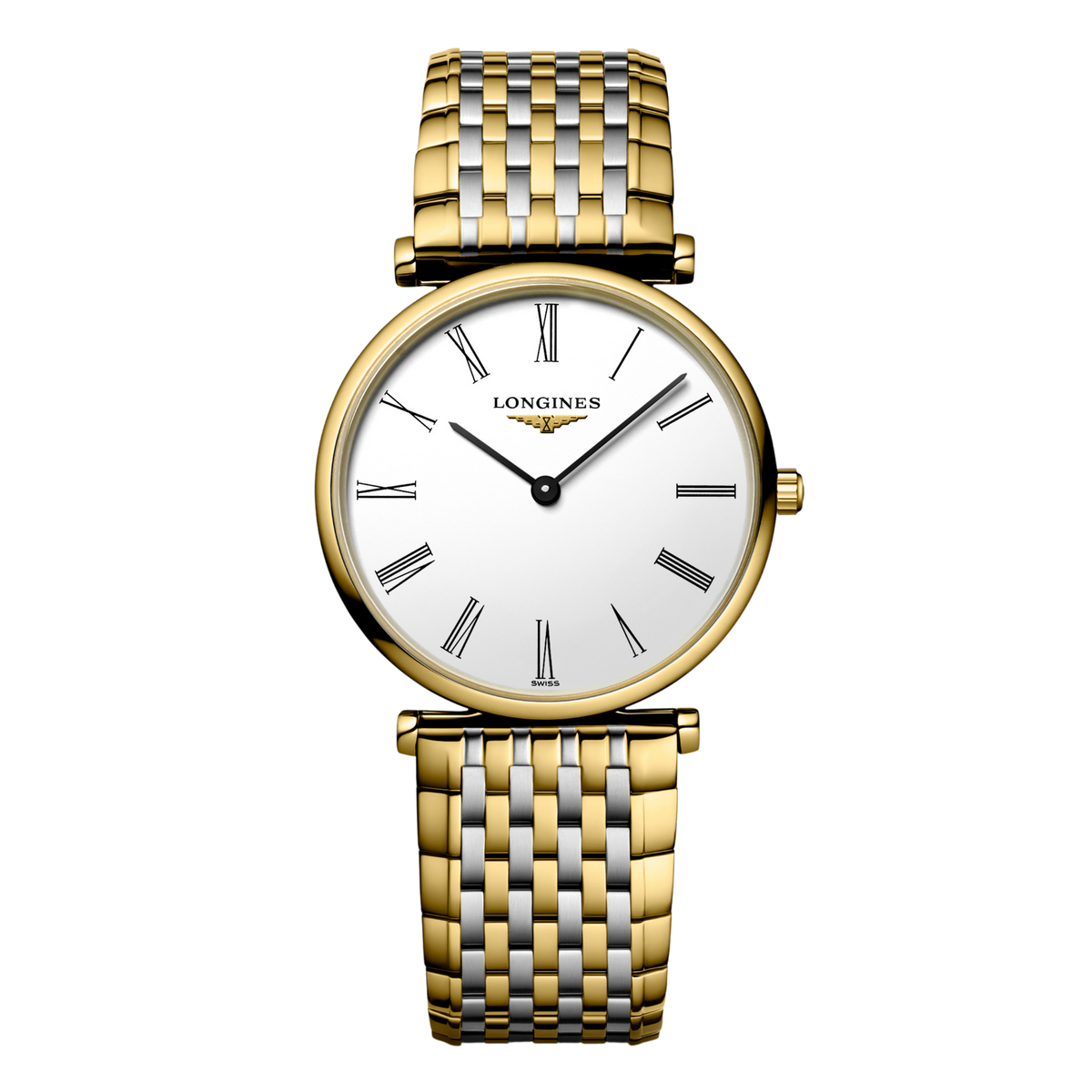 front view of Longines La Grande Classique white dial watch with gold tone stainless steel bracelet and slim minimalist case