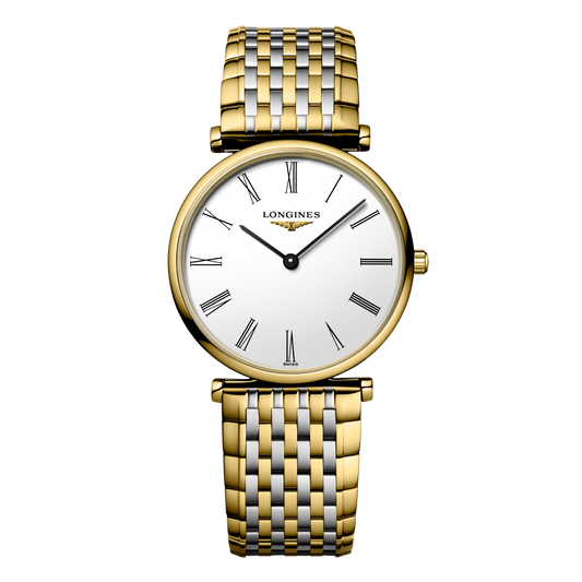 front view of Longines La Grande Classique white dial watch with gold tone stainless steel bracelet and slim minimalist case