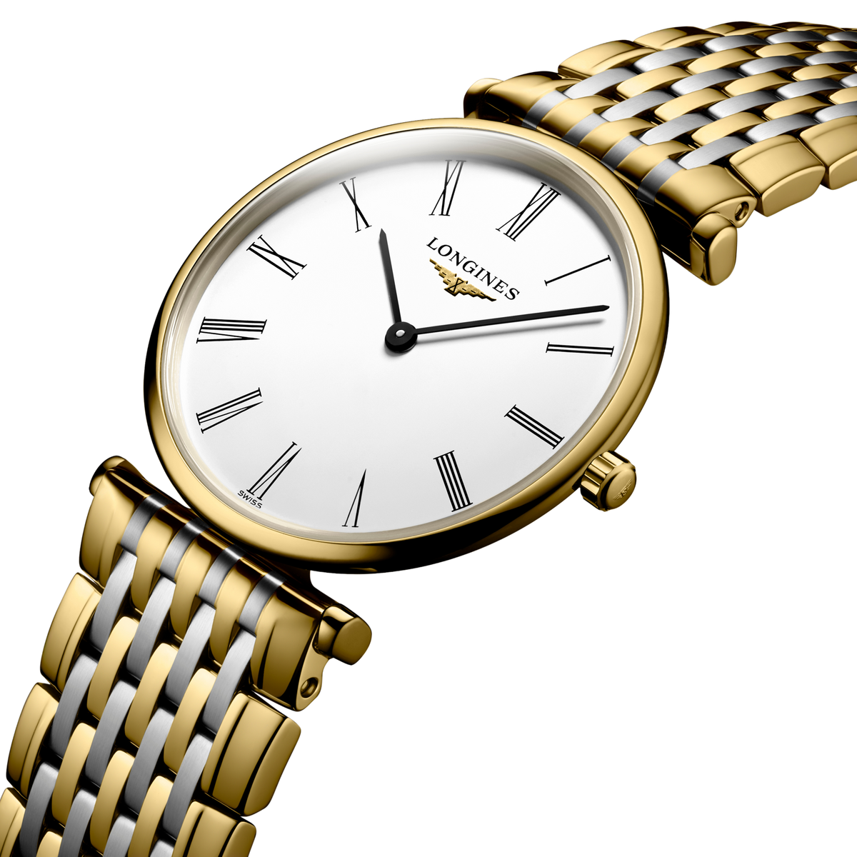 close up of the Longines La Grande Classique white dial featuring slim hands, Roman numeral markers and ultra thin profile
