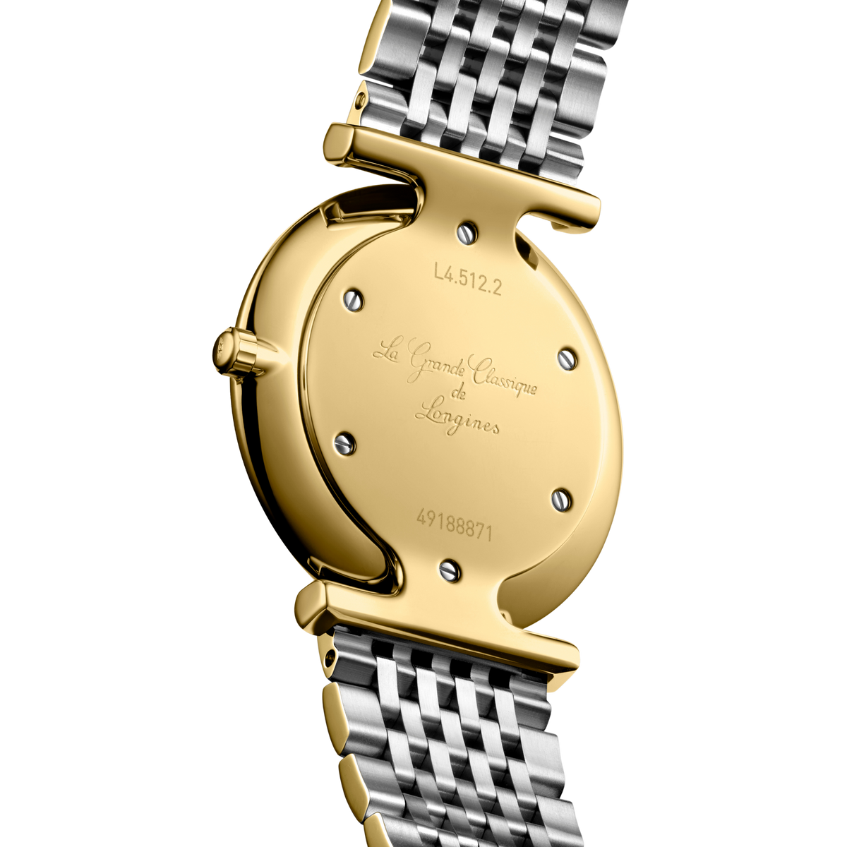 back of Longines La Grande Classique watch showing the polished case back and gold tone bracelet detail
