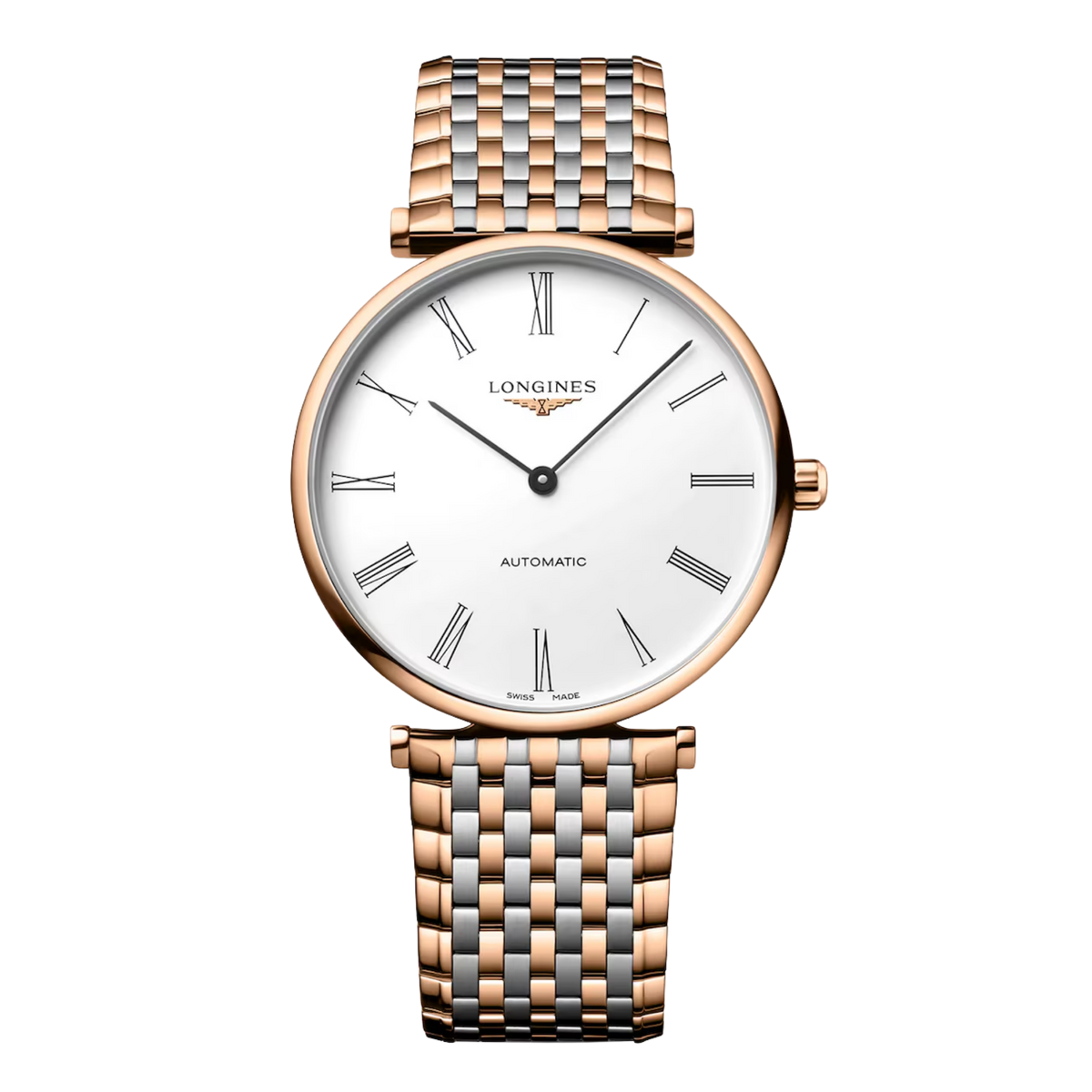 La Grande Classique de Longines 38mm automatic watch with white Roman numeral dial and two-tone bracelet