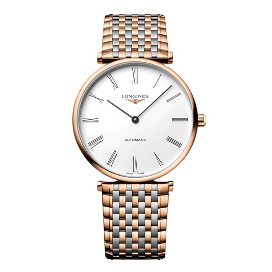 La Grande Classique de Longines 38mm automatic watch with white Roman numeral dial and two-tone bracelet