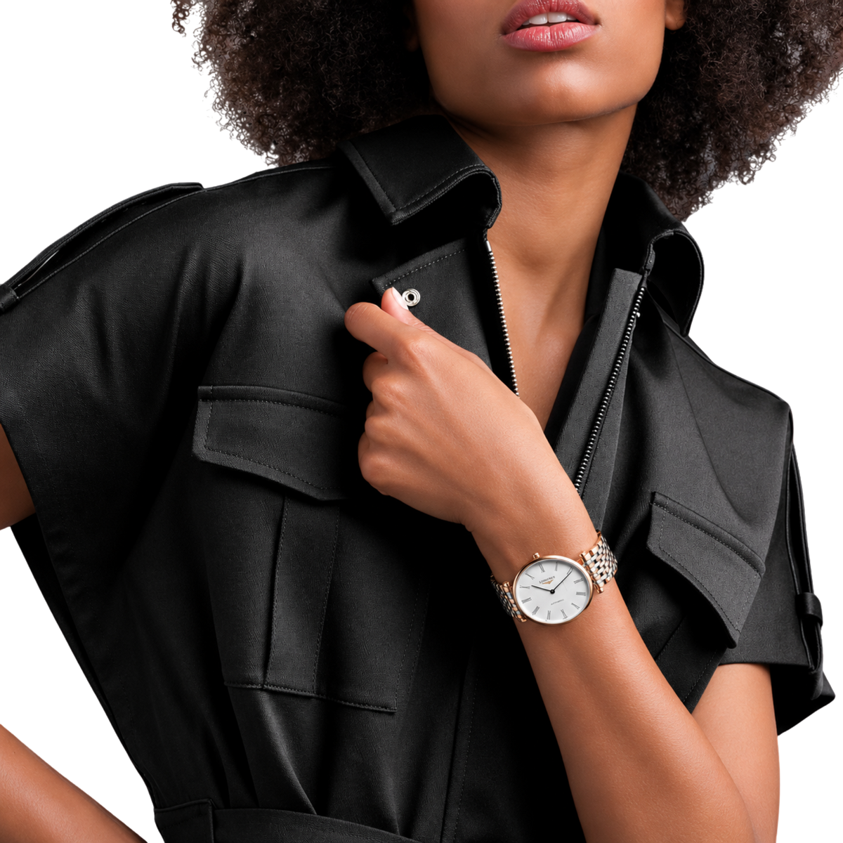 Longines La Grande Classique 38mm watch with white dial, rose gold PVD details and stainless steel case