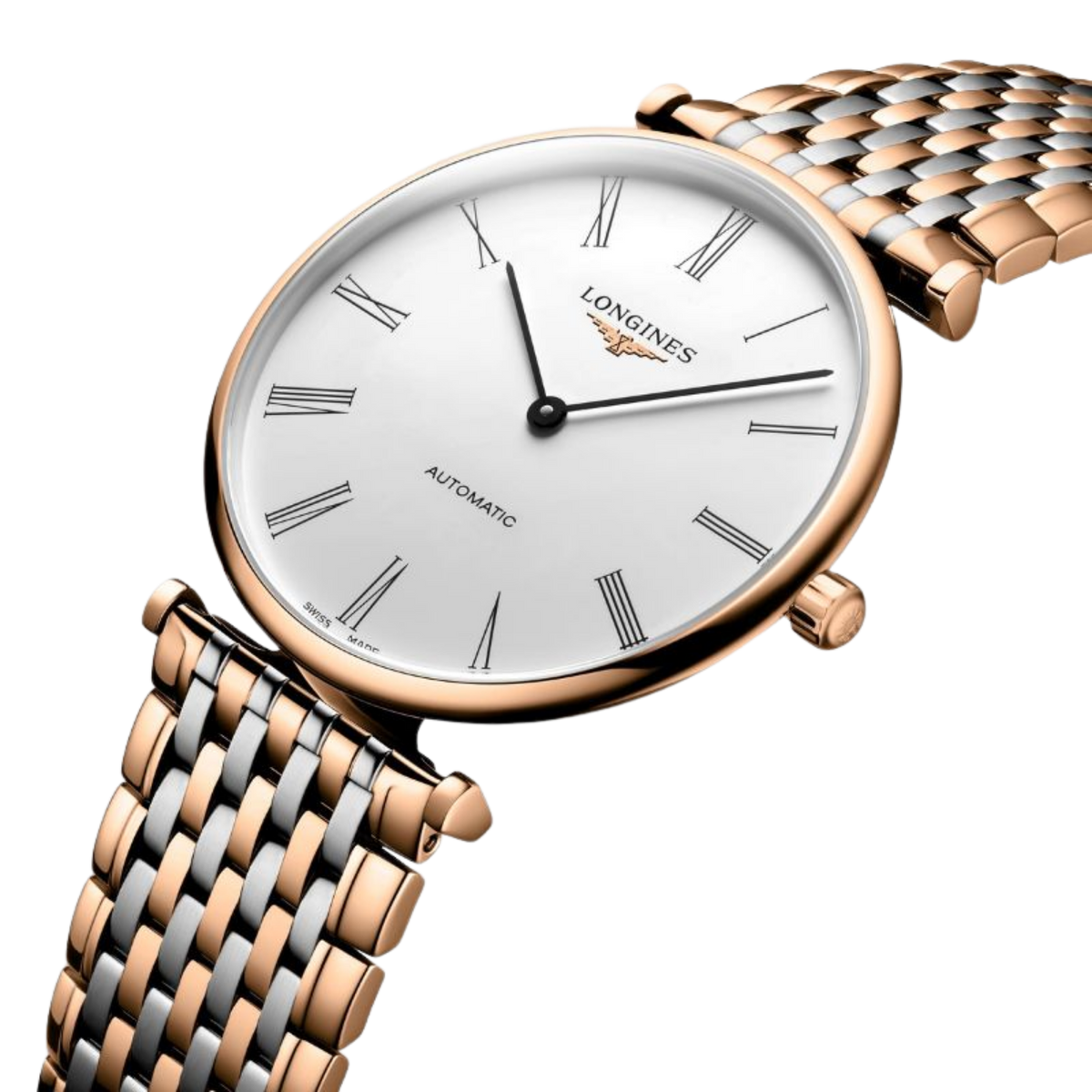 La Grande Classique de Longines automatic watch with white Roman numeral dial and rose gold PVD bracelet