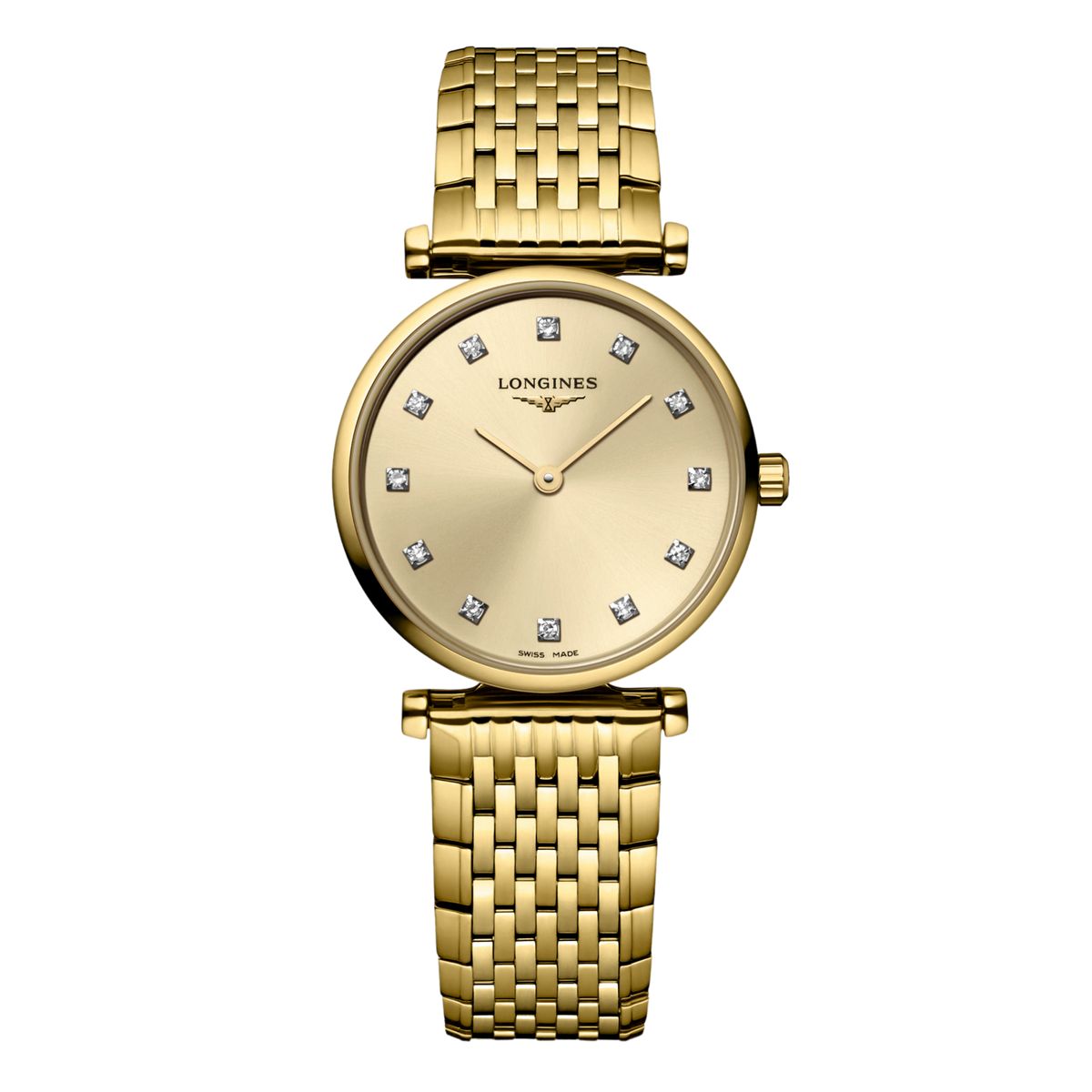 front view of Longines La Grande Classique champagne dial watch with diamond hour markers and gold tone bracelet