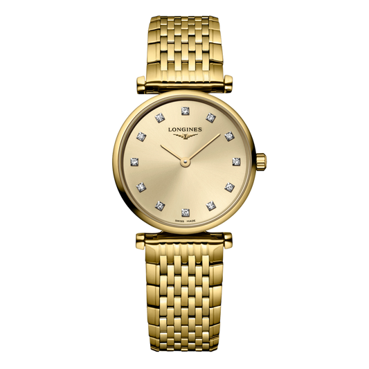 front view of Longines La Grande Classique champagne dial watch with diamond hour markers and gold tone bracelet