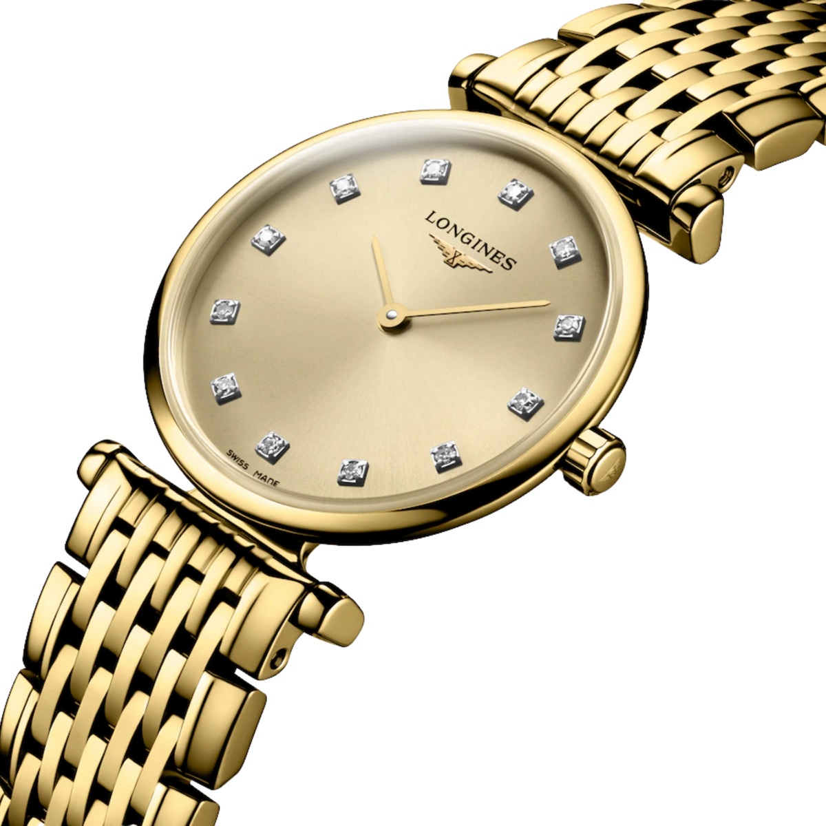 close up of the Longines La Grande Classique champagne dial featuring diamond indexes, slim gold hands and minimalist styling
